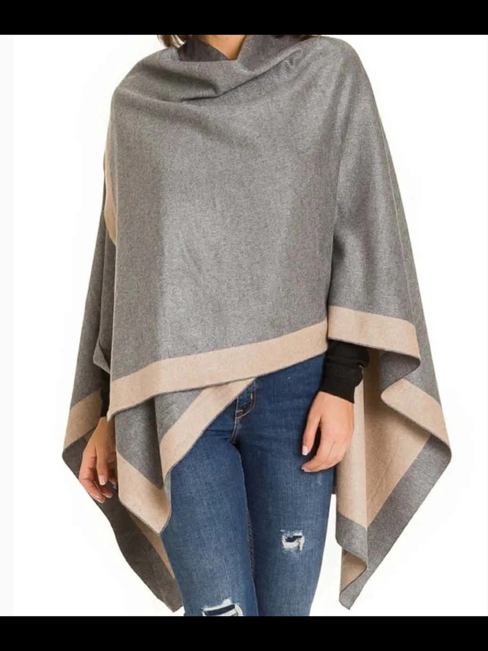 Gray and Beige Two-Tone Wrap Poncho